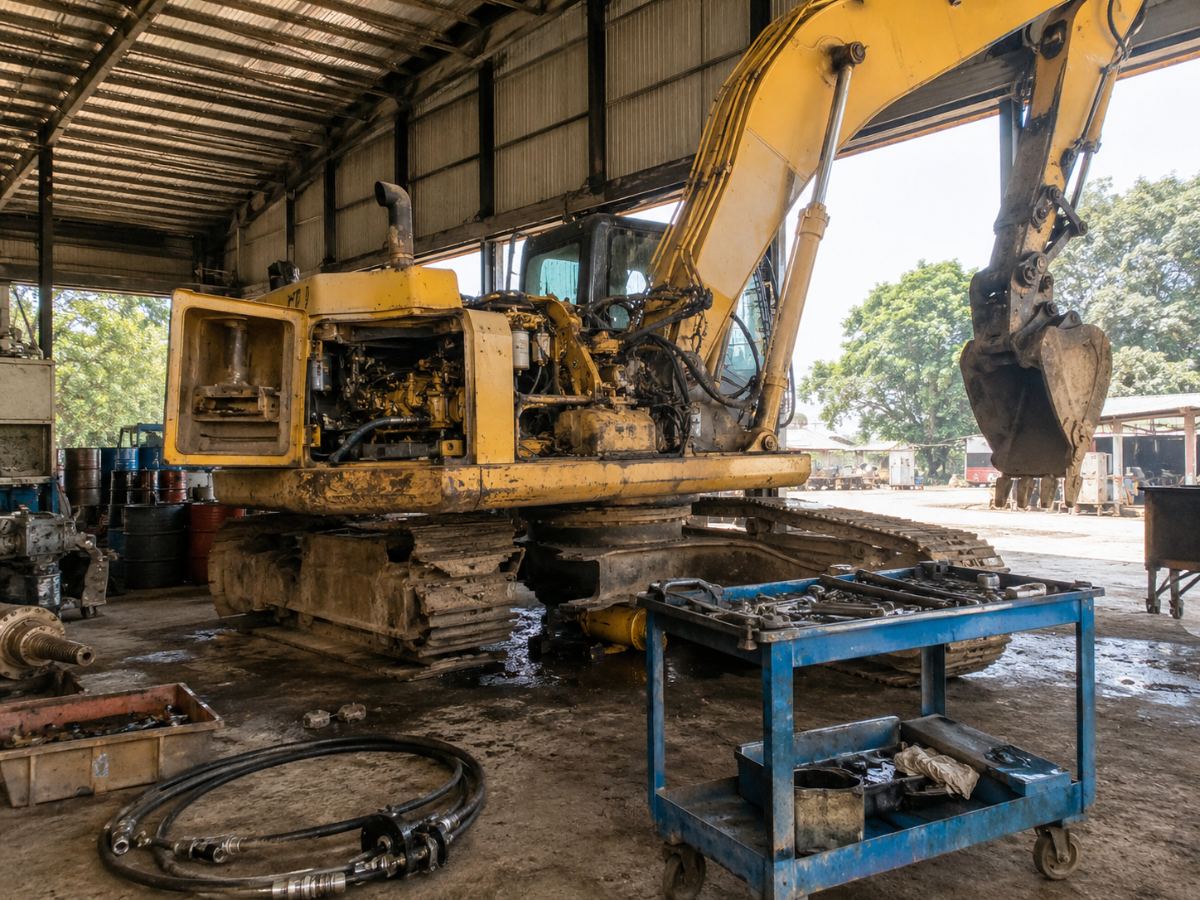 Unit excavator dengan engine bay terbuka sedang dikerjakan di workshop alat berat